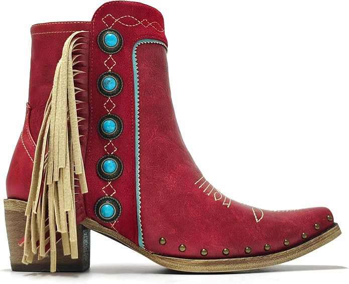 Amazon.com | MissHeel Cowgirl Booties for Women Short Cowboy Boots with Fringe Turquoise Western-... | Amazon (US)