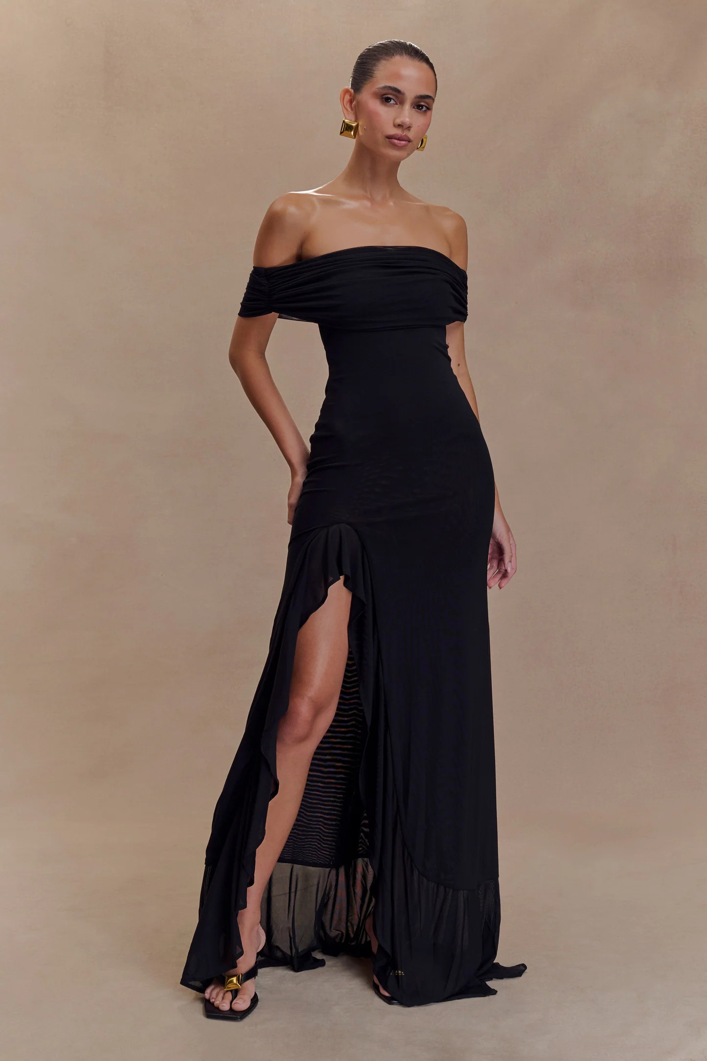 Audrey Off Shoulder Mesh Maxi Dress - Black | Meshki UK