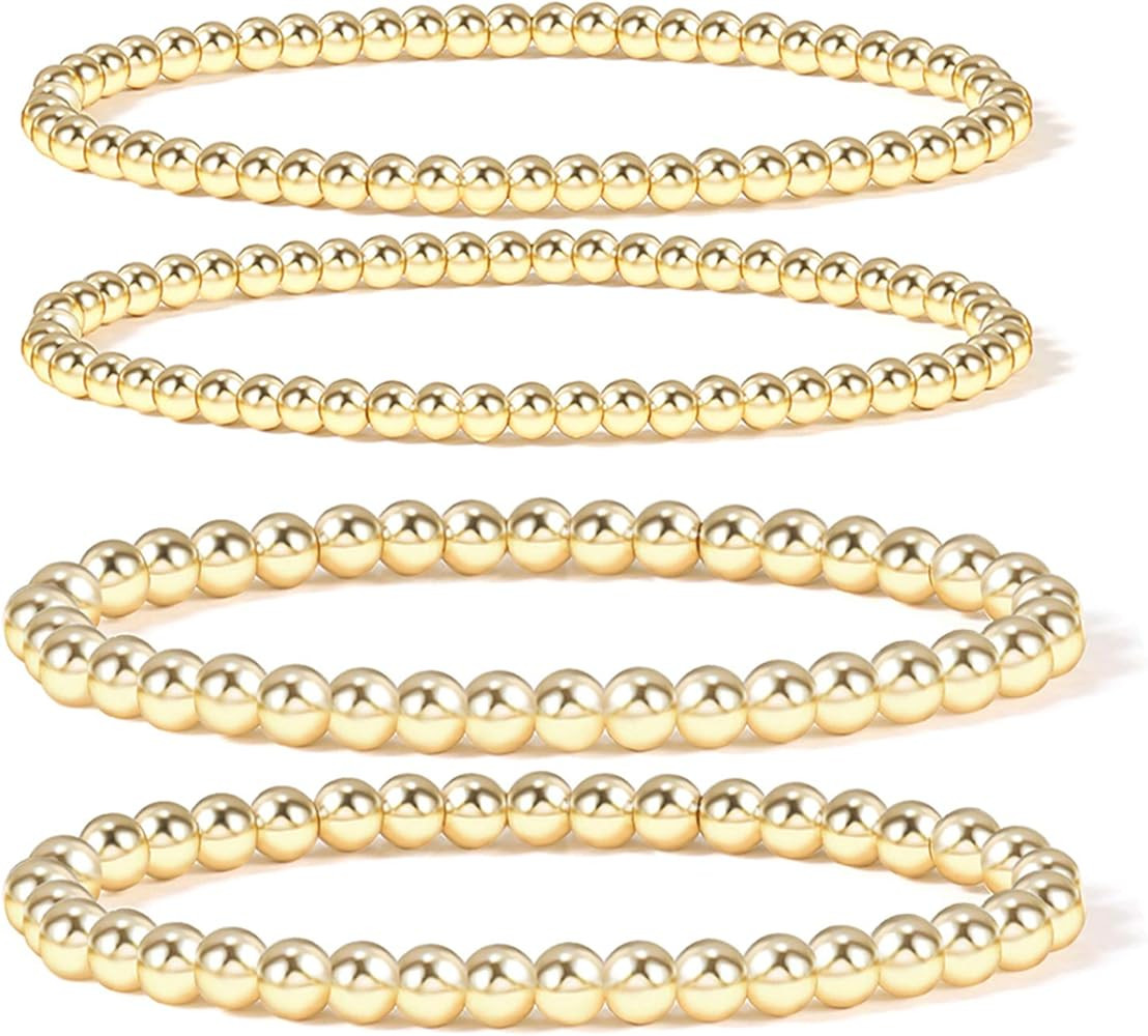 Amazon.com: 14k Gold Plated Bead Ball Bracelet Stretchable Elastic Gold Beaded Bracelets For Wome... | Amazon (US)