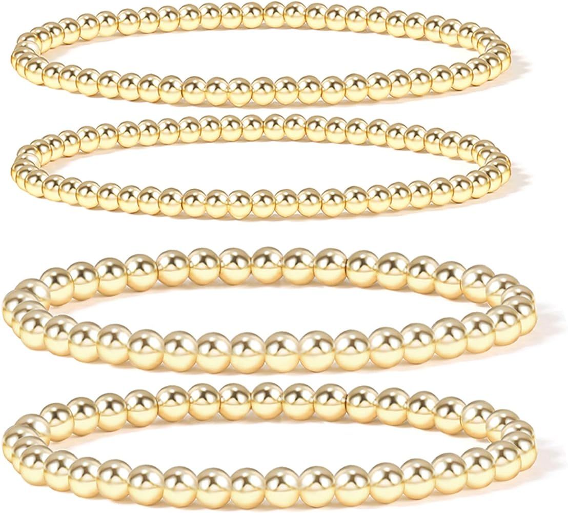 Amazon.com: 14k Gold Plated Bead Ball Bracelet Stretchable Elastic Gold Beaded Bracelets For Wome... | Amazon (US)