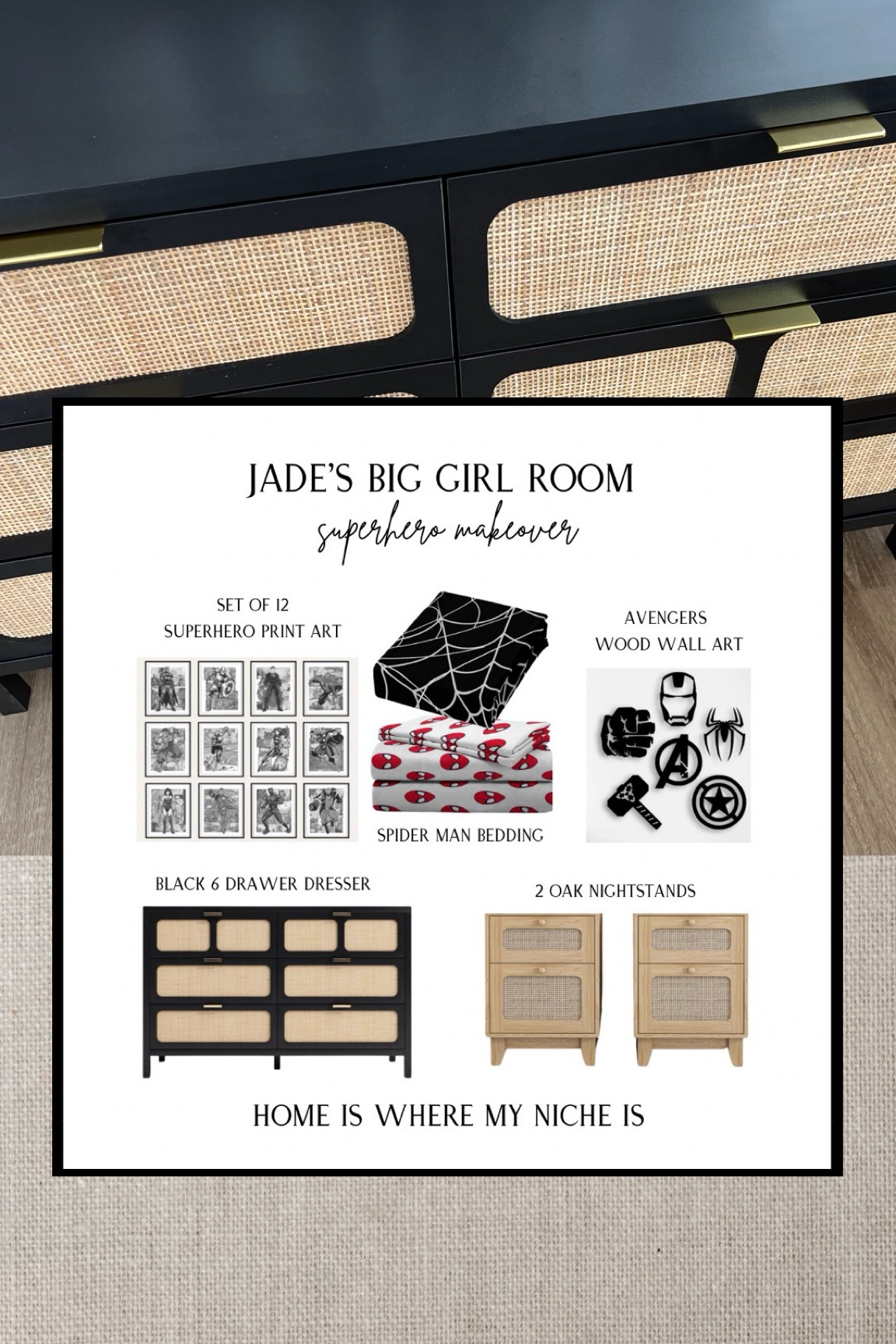 Jade’s dresser has been assembled for her secret superhero big girl bedroom makeover  🙌🏻🤫📦✔️

I chose the dresser & nightstands because of their mid-century modern vibe. The shape/style reminds me of an old tv 📺 that gives vintage comic. These bedroom furniture pieces are beautiful, subtly compliment the current theme, while remaining cohesive with the rest of our home. They will grow with her, & her future interests. 

I can’t wait to put this all together for her 🎂♥️

+ set of 12 digital superhero print art
+ marvel spider-man sheet set
+ black & white spider web duvet cover
+ avengers wood wall art
+ black & rattan 6 drawer dresser
+ 2 oak & rattan nightstands 

Amazon Canada | Etsy | Wayfair

#LTKkids #LTKhome