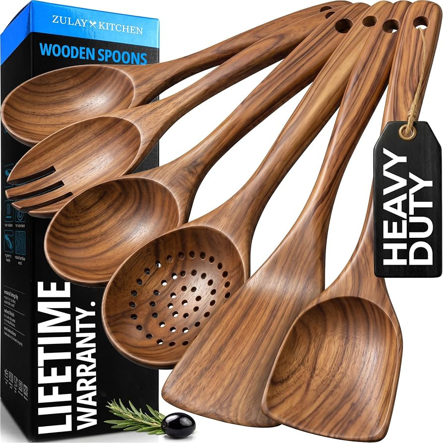 Zulay Kitchen 6 Piece Wooden Spoons for Cooking \u2013 Natural Teak Wooden Utensil Set, Easy to C... | Amazon (US)