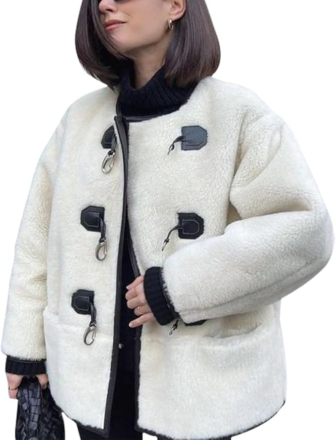 yoeasy Women's Collarless Button Down Sherpa Fleece Jacket Loose Long Sleeve Outwear Coat With Po... | Amazon (US)