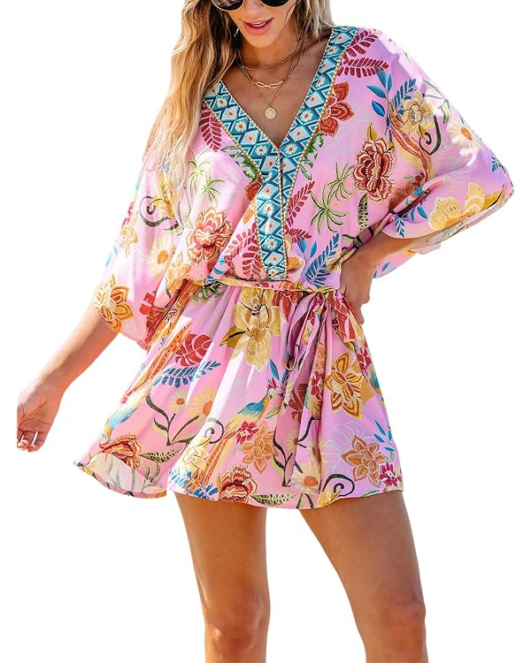 CUPSHE Women's Mini Dress V Neck Floral Half Dolman Sleeve Belted Loose Fit Short Summer Beach Dr... | Amazon (US)