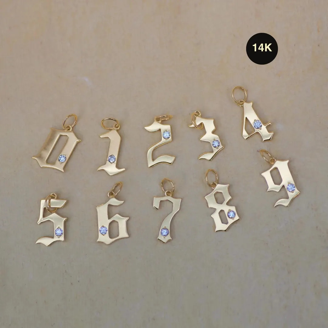 14K Genuine Natural Diamond Number Gothic Charm Pendant, Solid Gold Old English Numeric for Chain... | Etsy (US)