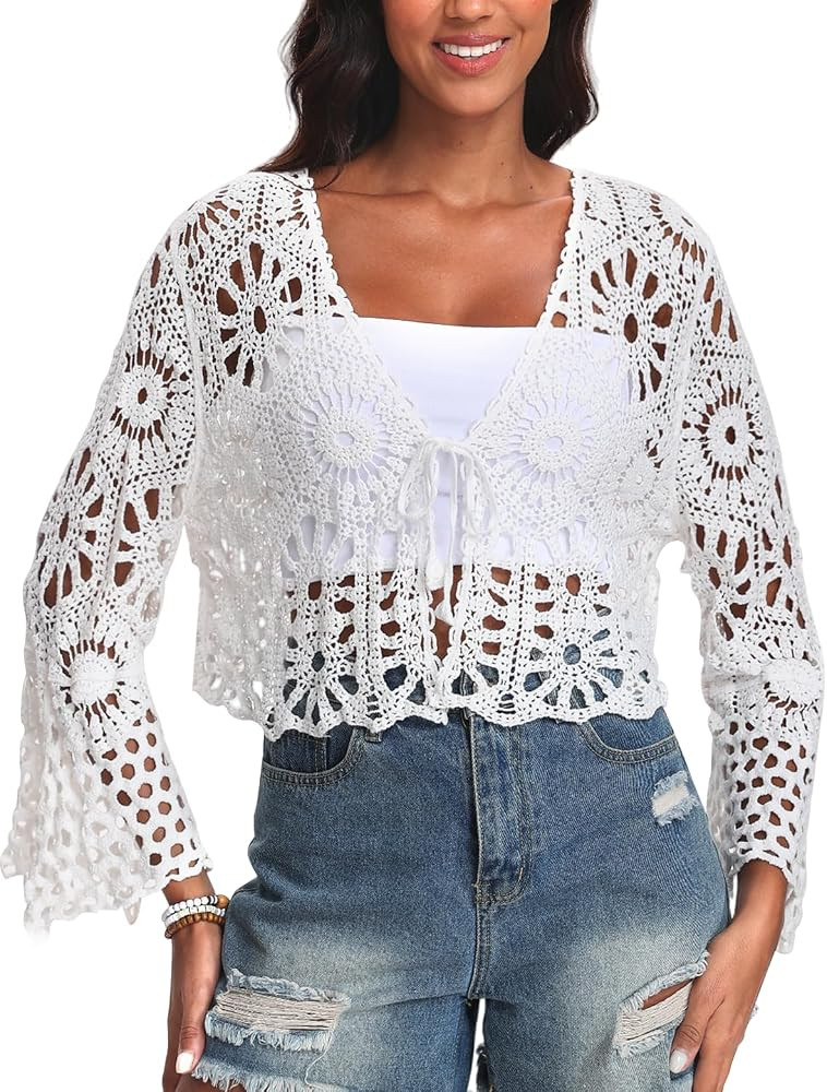 Women's Crochet Cardigan Bell Sleeve Tie Front Hollow Out Cropped Vacation Tops Summer Length Sle... | Amazon (US)