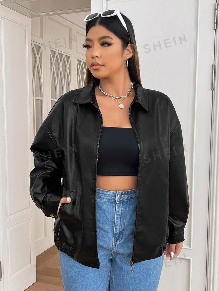 SHEIN EZwear Plus Drop Shoulder Zip Up PU Leather Jacket | SHEIN