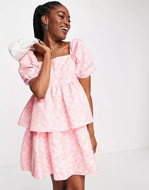 Collective The Label puff sleeve tiered smock dress in textured pink floral | ASOS (Global)