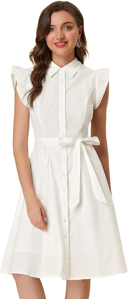 Allegra K Women's Cotton Shirtdress Ruffled Sleeve Tie Waist Button Casual Office Dress | Amazon (US)