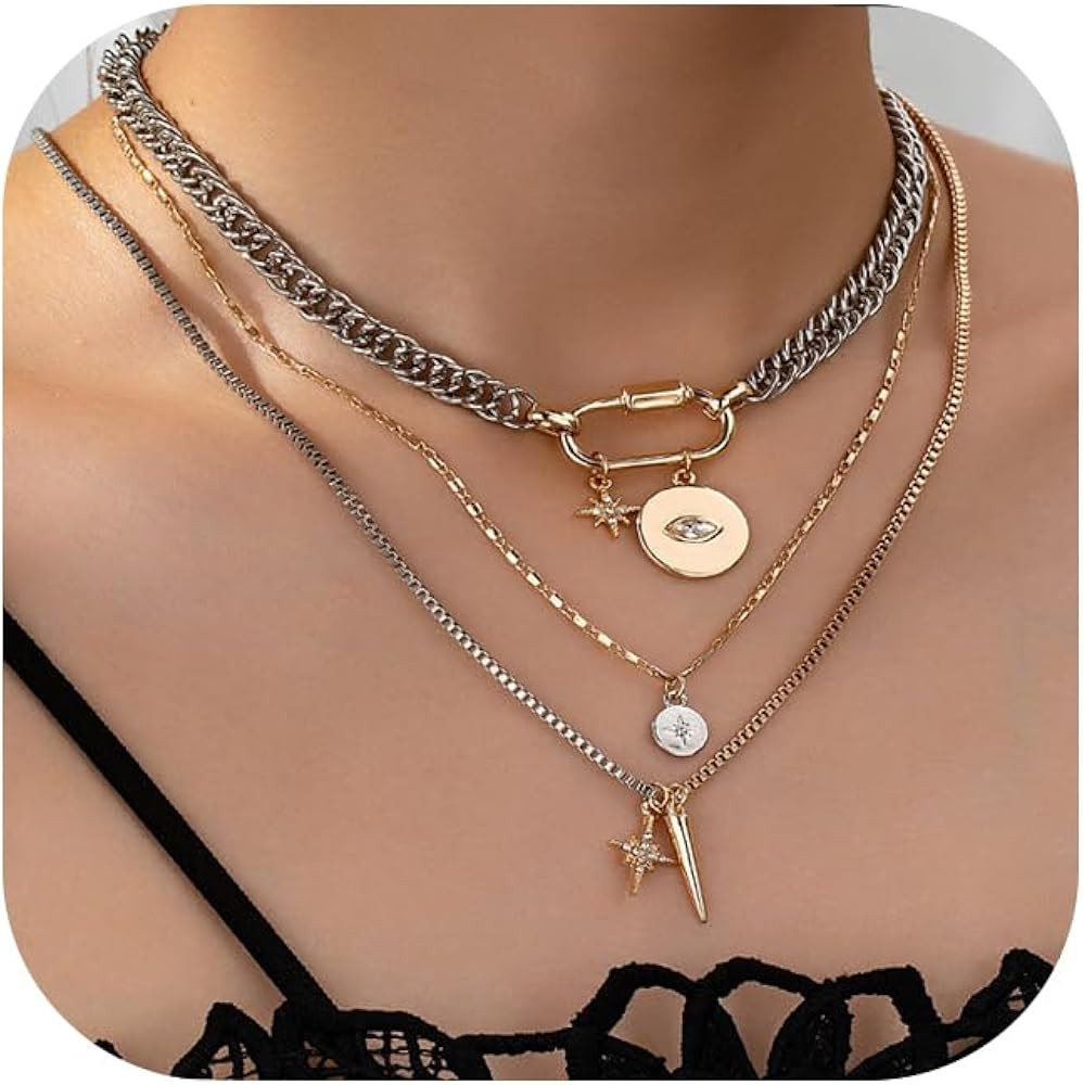 Layered Necklaces For Women,3PCS Chunky Mixed Metal Necklace Two Tone Gold and Silver Plated Neck... | Amazon (US)