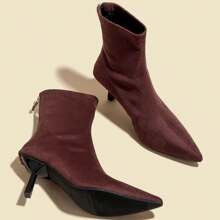 Women's Wine Red Suede Ankle Boots And Short Boots, 7cm High Heels, Elastic Skinny Booties, Comfortable & Fashionable Shoes, High Heels Cup Heel Leath | SHEIN