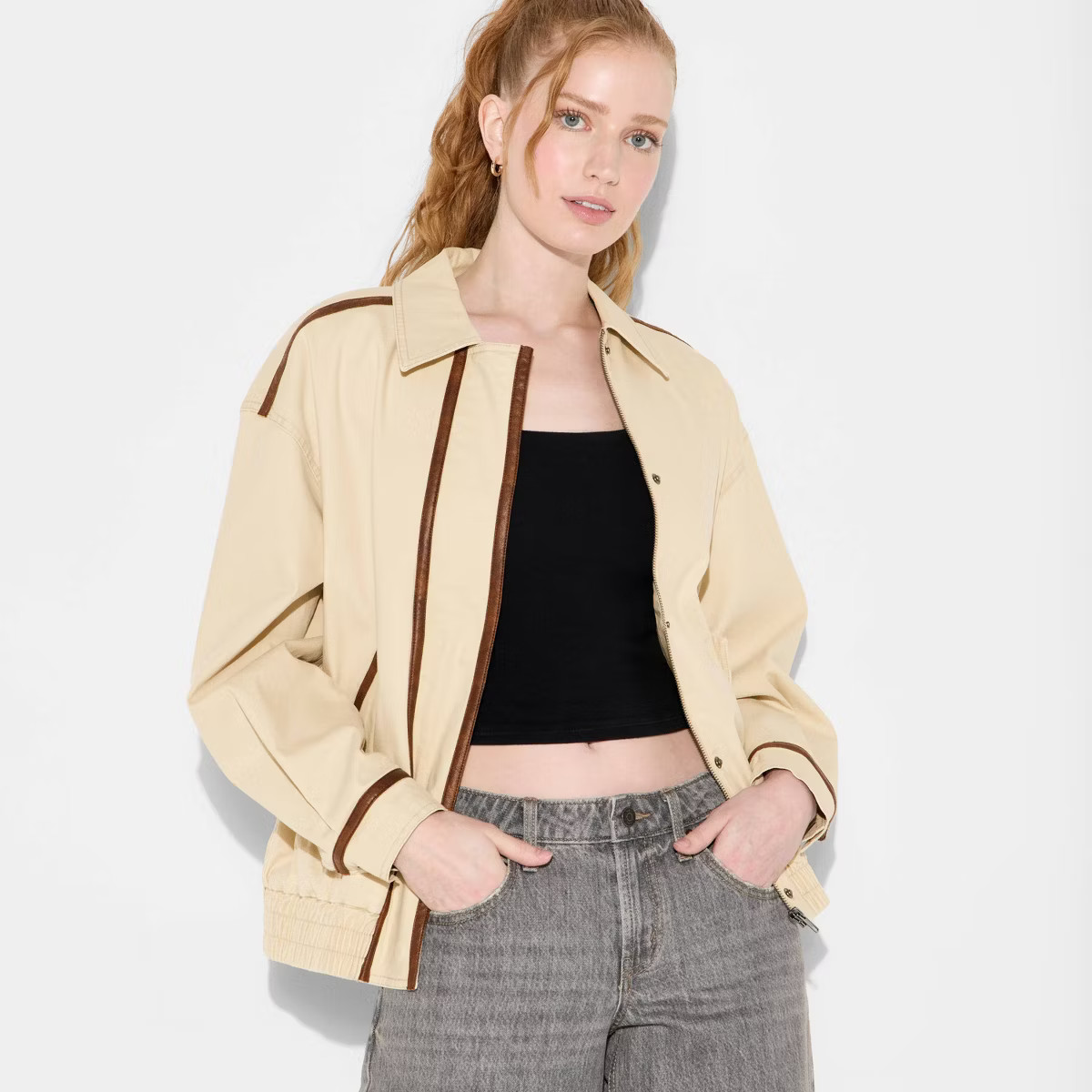 Women's Canvas Faux Leather Trim Bomber Jacket - Wild Fable™ Beige | Target