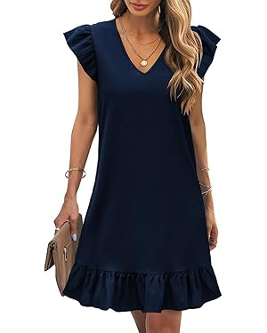 JOCAFIYE Summer Dresses for Women 2025 Cute Ruffle Cap Sleeve V-Neck Flowy Swing Mini Dress Sundr... | Amazon (US)