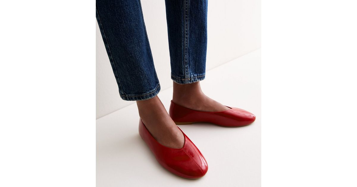 Women's Bright Red Faux Leather High Vamp Ballet Flats Vegan New Look | New Look (UK)