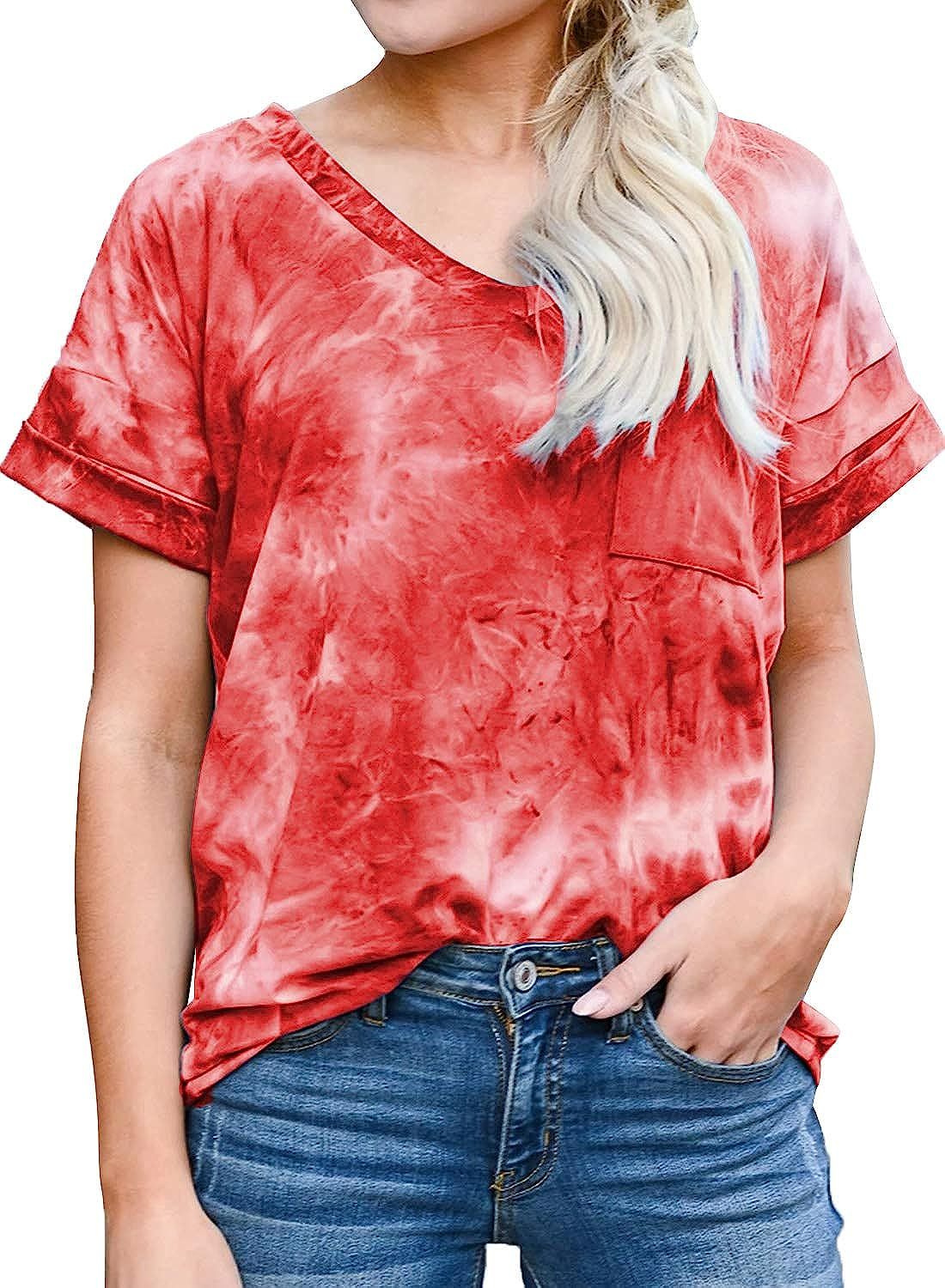 MIHOLL Women's Short Sleeve V-Neck Shirts Loose Casual Tee T-Shirt | Amazon (US)