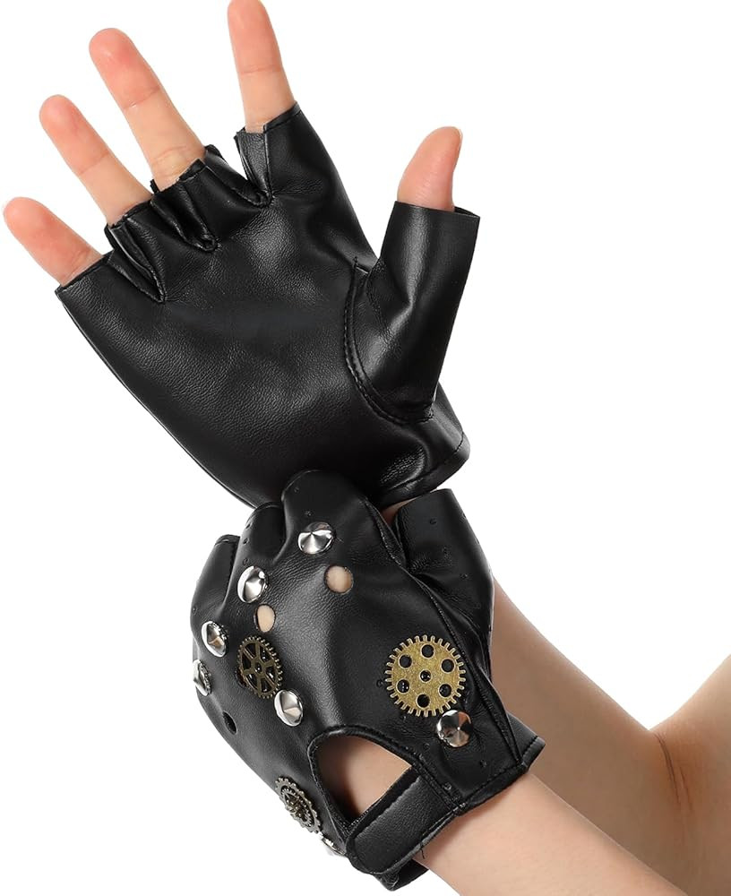 Steampunk Gloves, Fingerless Motorcycle Gloves, PU Leather Retro Steampunk Accessories with Gears... | Amazon (US)