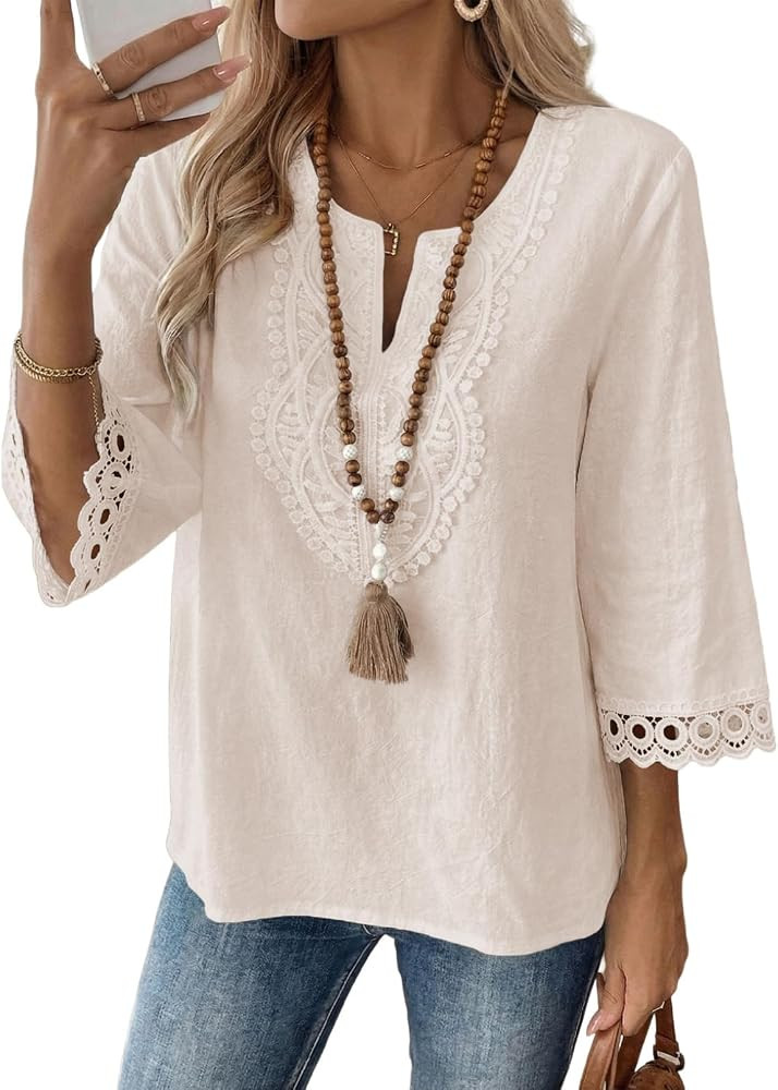 EVALESS Womens 3/4 Length Sleeve Boho Tops Summer Spring 2026 Trendy Lace | Amazon (US)
