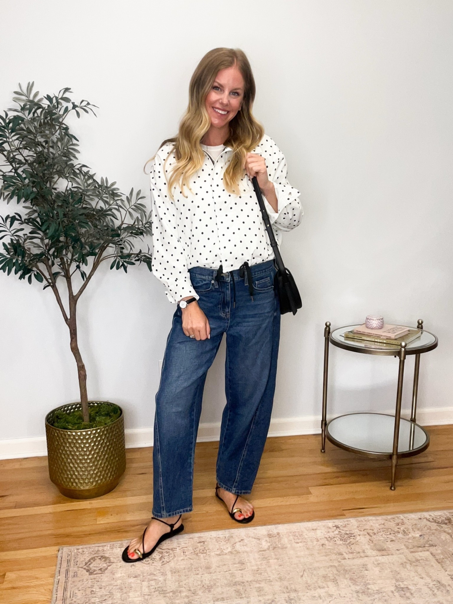 Perfect outfit for summer into fall transition! Dark wash denim barrel jeans and a lightweight polka dot jacket (on sale) with a black watch and sandals.

#LTKSaleAlert #LTKSeasonal #LTKootd