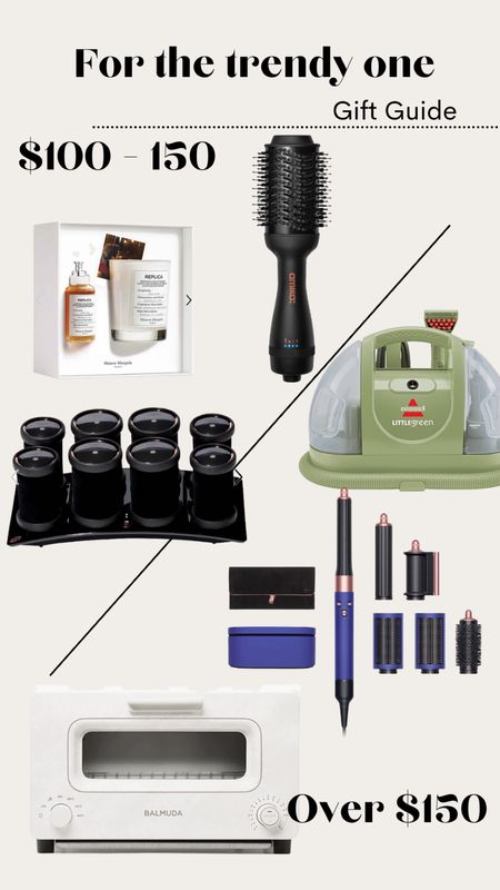 Trendy gift guide. Drying brush. Dyson airwrap. Gifts over $100. Little green machine. Curlers  