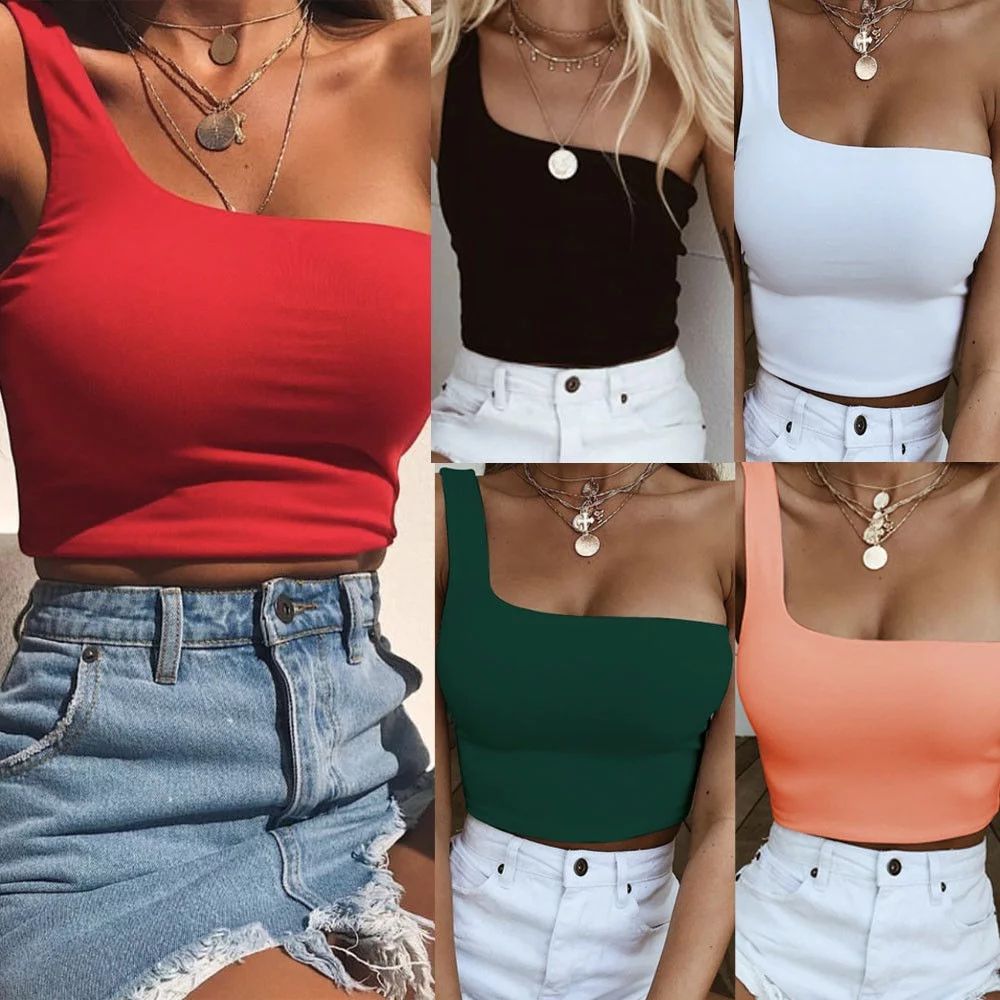 Women One Shoulder Crop Tops Sleeveless T-Shirt Blouses Summer Beach Vest | Walmart (US)