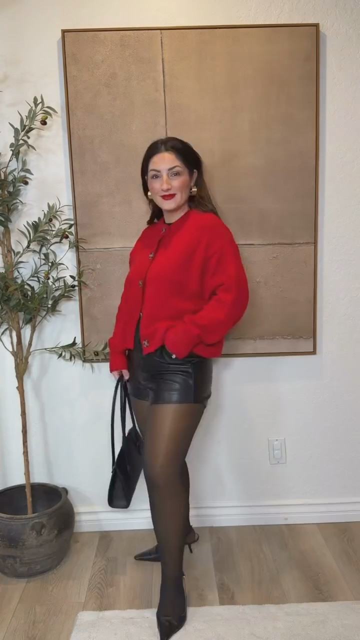 Petite friendly holiday outfit! 

Red cardigan size small petite 
Tee size small petite 
Leather shorts size small

5’0” 140lbs 

#LTKHoliday #LTKPetite #LTKgrwm