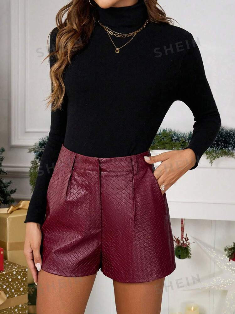 SHEIN Clasi Women's PU Leather Embossed Oblique Pocket Shorts, Autumn | SHEIN