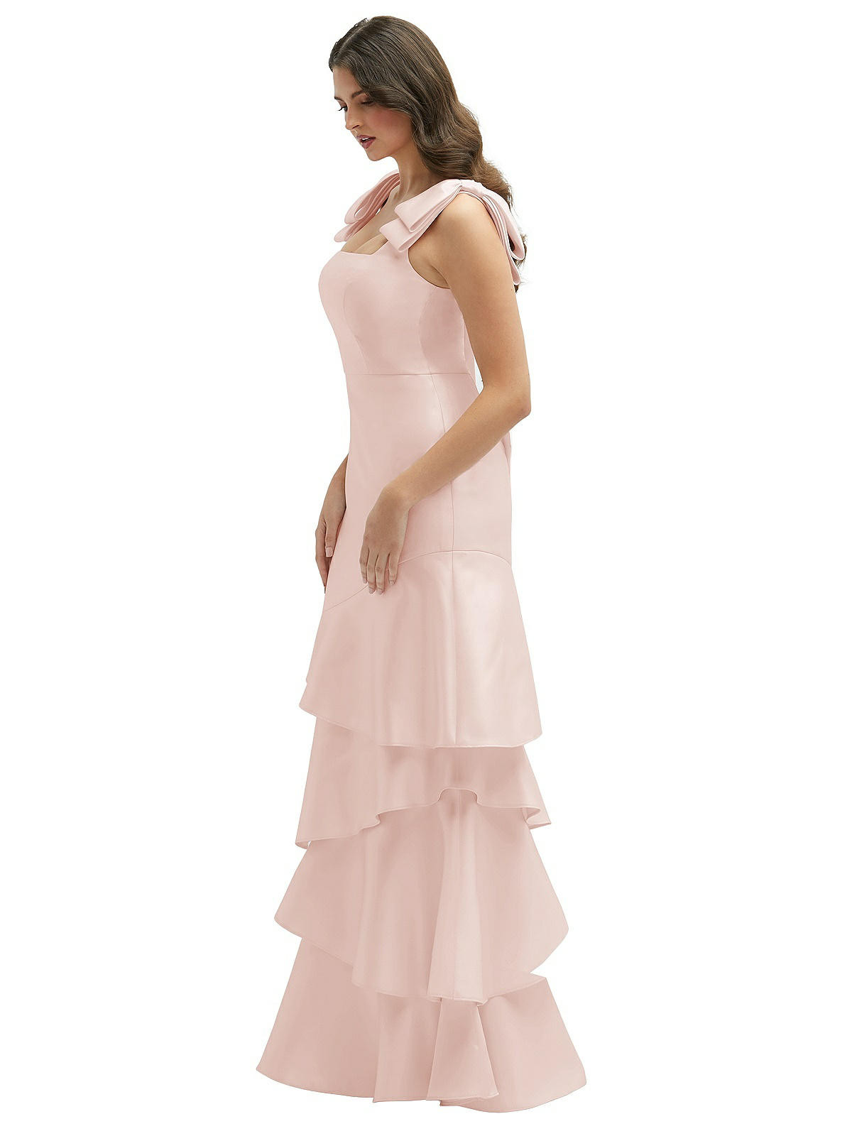 Bow-Shoulder Satin Maxi Dress with Asymmetrical Tiered Skirt in Blush | The Dessy Group