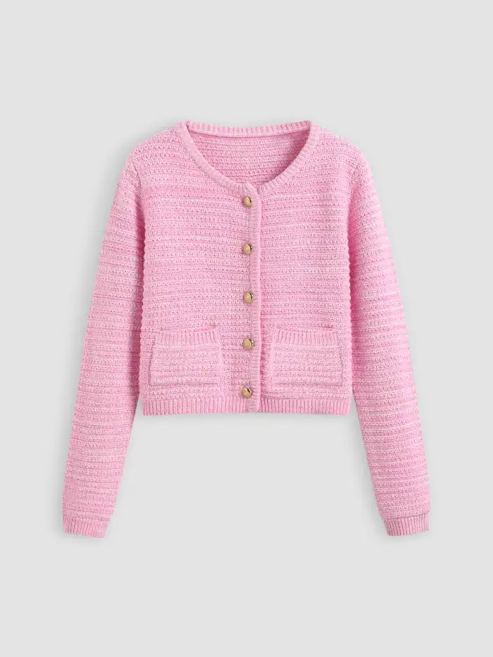 Cotton-blend Round Neckline Pocket Button Cardigan... | Cider
