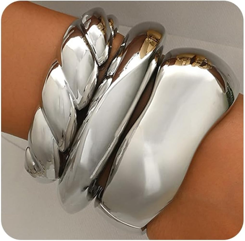 WAINIS 3Pcs Chunky Gold Bangle Bracelets for Women Trendy Wide Wrist Cuff Bracelets Stack Stateme... | Amazon (US)