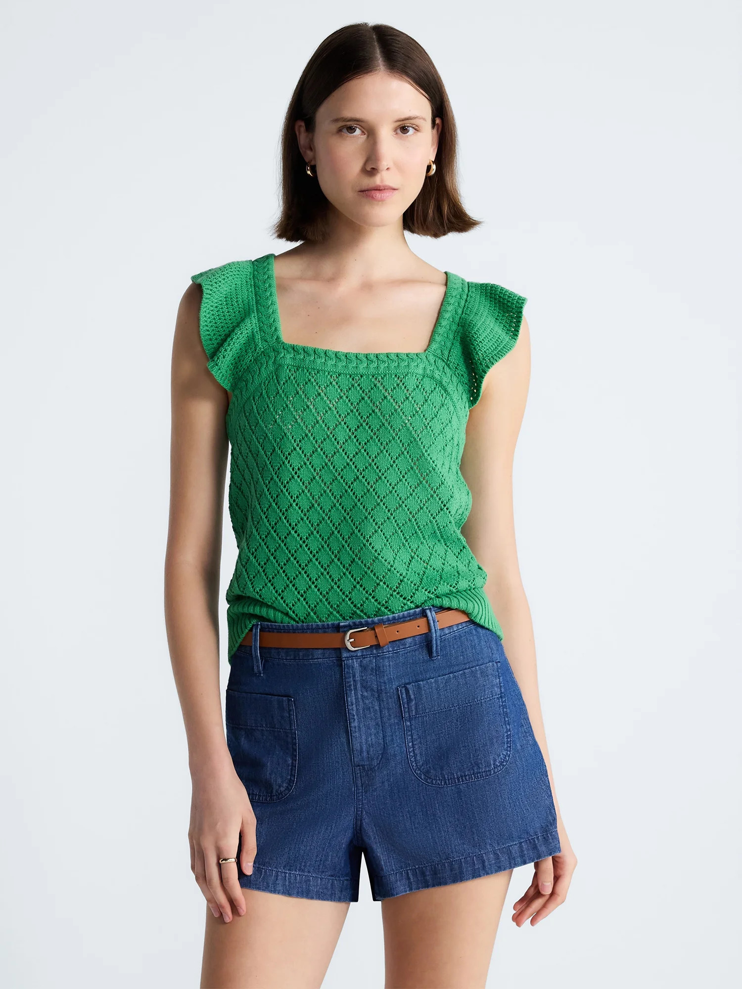 Free Assembly Women's and Women's Plus Square Neck Cotton Sweater with Flutter Sleeves, Sizes XS-... | Walmart (US)