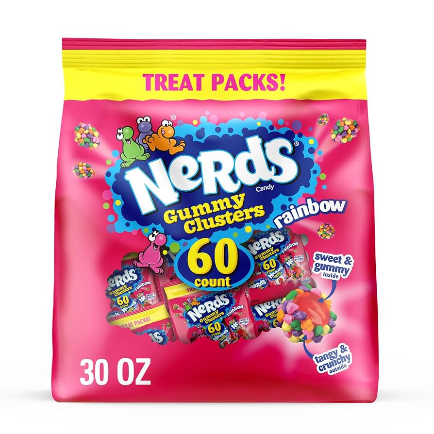 NERDS Gummy Clusters, Candy Treat Packs, Rainbow, Crunchy and Gummy, 30 oz (60 ct) | Amazon (US)