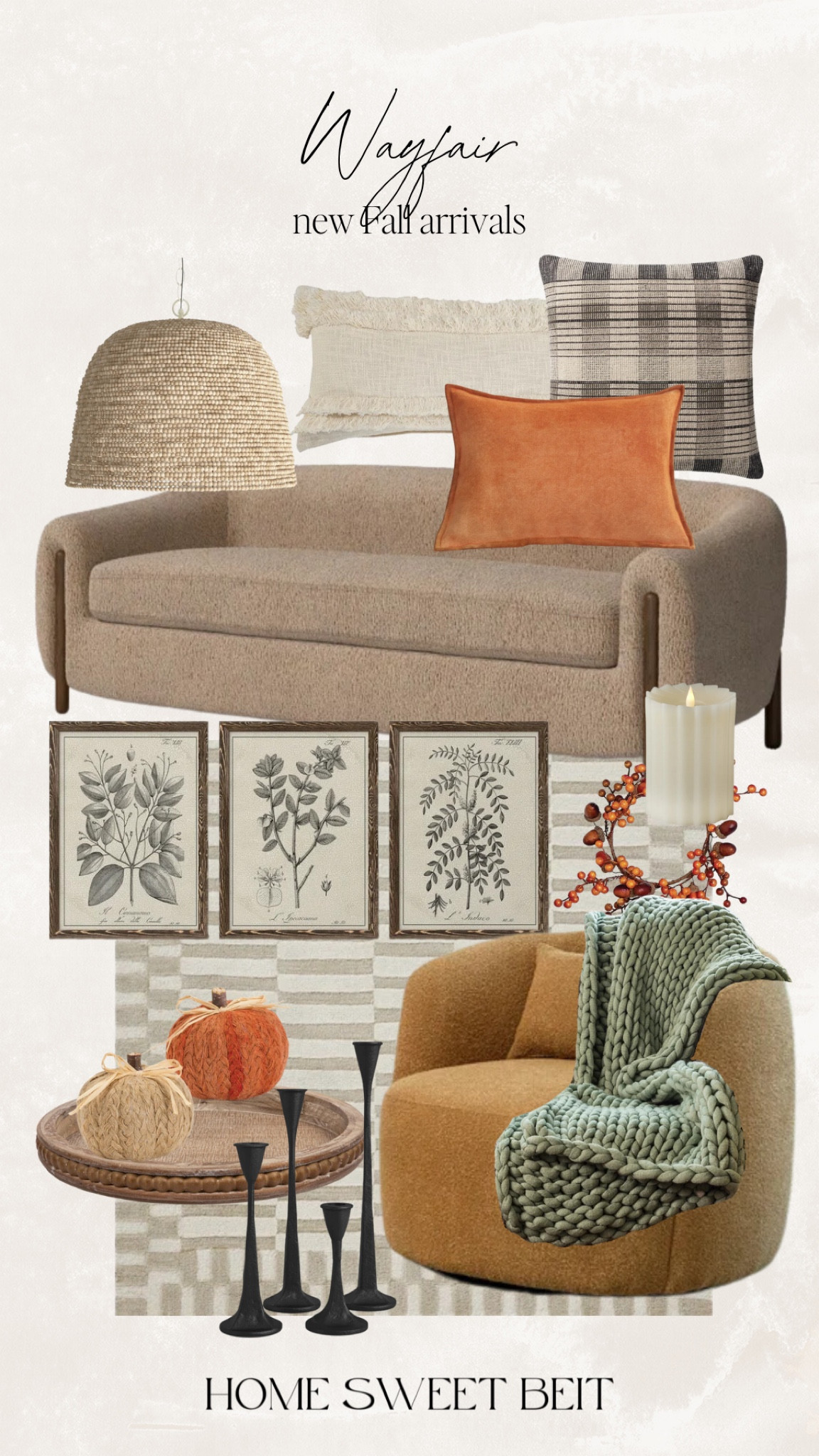 Wayfaie Fall home new arrivals 

Home decor, pendant light, sofa, living room decor, wall art, throw pillows, throw blanket, swivel chair, pumpkin accents, candle stick holders, floor rug, candle

#LTKHome