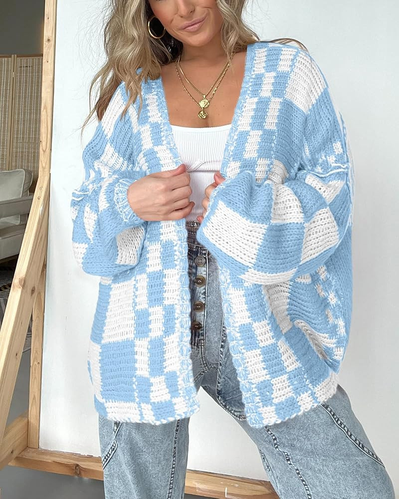 BTFBM Casual Womens Open Front Long Sleeve Chunky Knit Cardigan Sweater Checkered Knit Cardigan S... | Amazon (US)