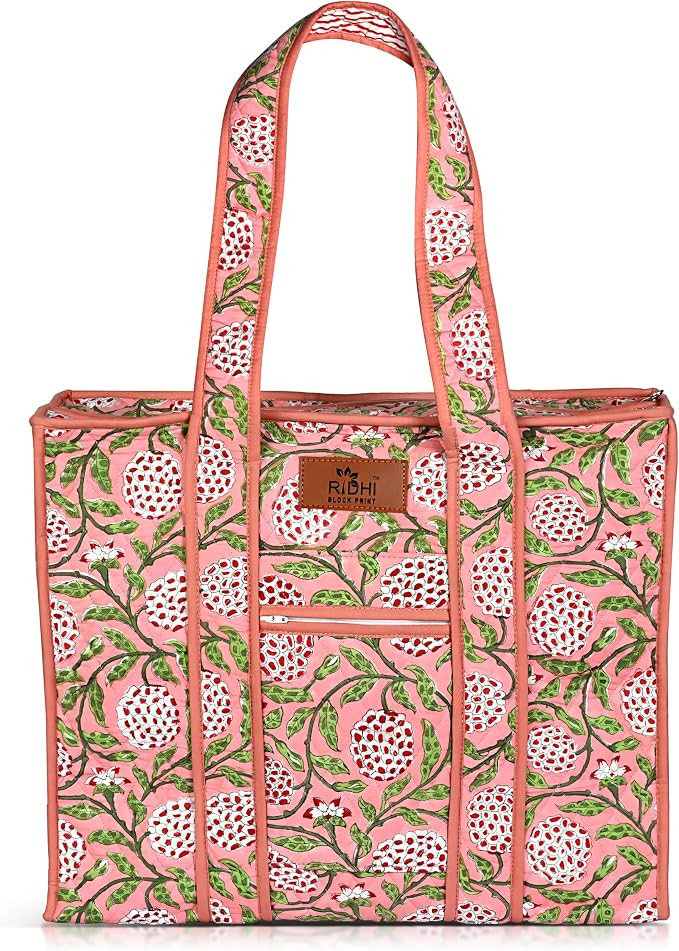 Ridhi Hand Block Print Cotton Zipper Tote Bag, 17.7x14.6x6.7 Inch | Amazon (US)