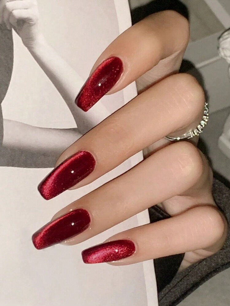 24pcs Long Coffin Shaped Shiny Red Cat Eye Reusable Soft Gel Nail Tips Set, 12 Sizes, Includes 1p... | SHEIN