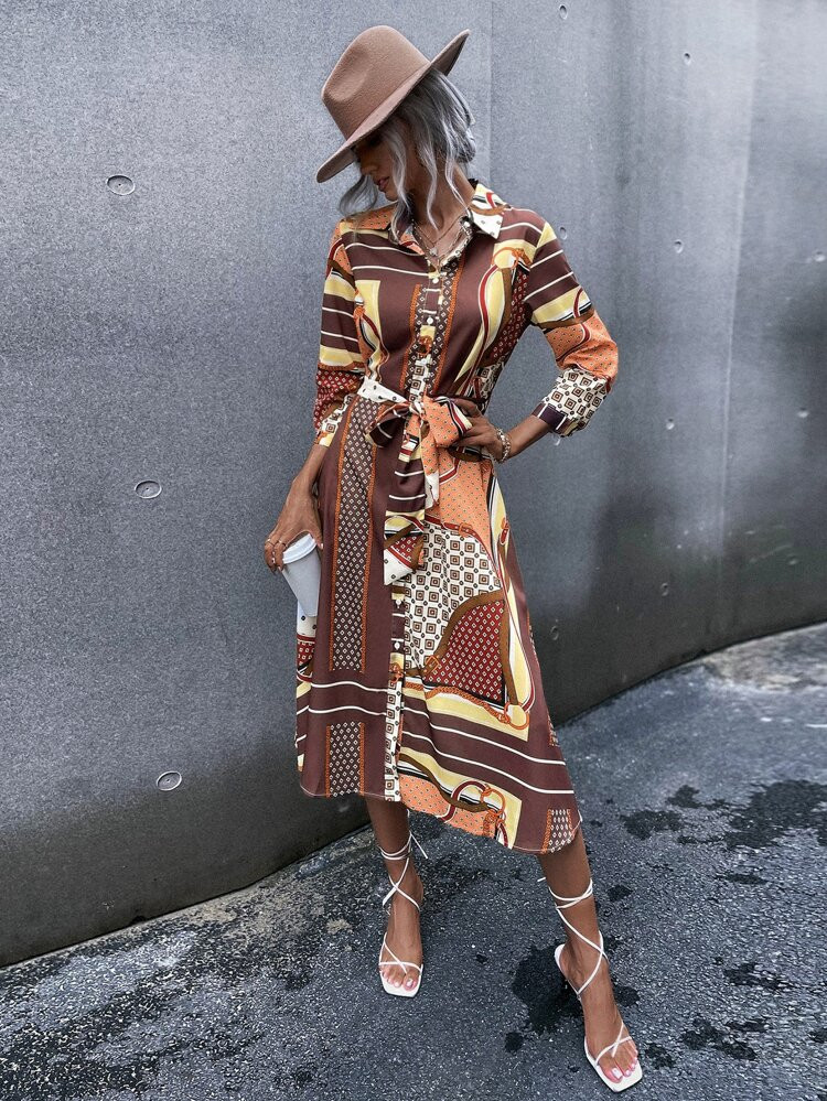 Scarf Print Belted Shirt Dress | SHEIN