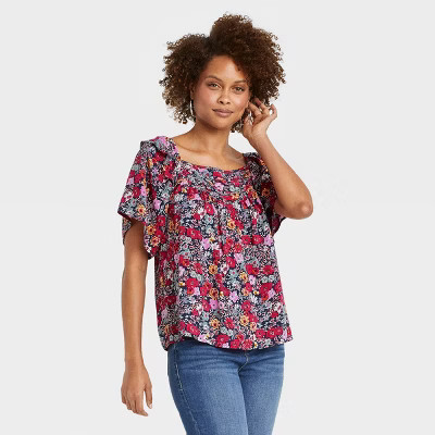 Women's Flutter Short Sleeve Ruffle Top - Knox Rose™ Navy Floral | Target
