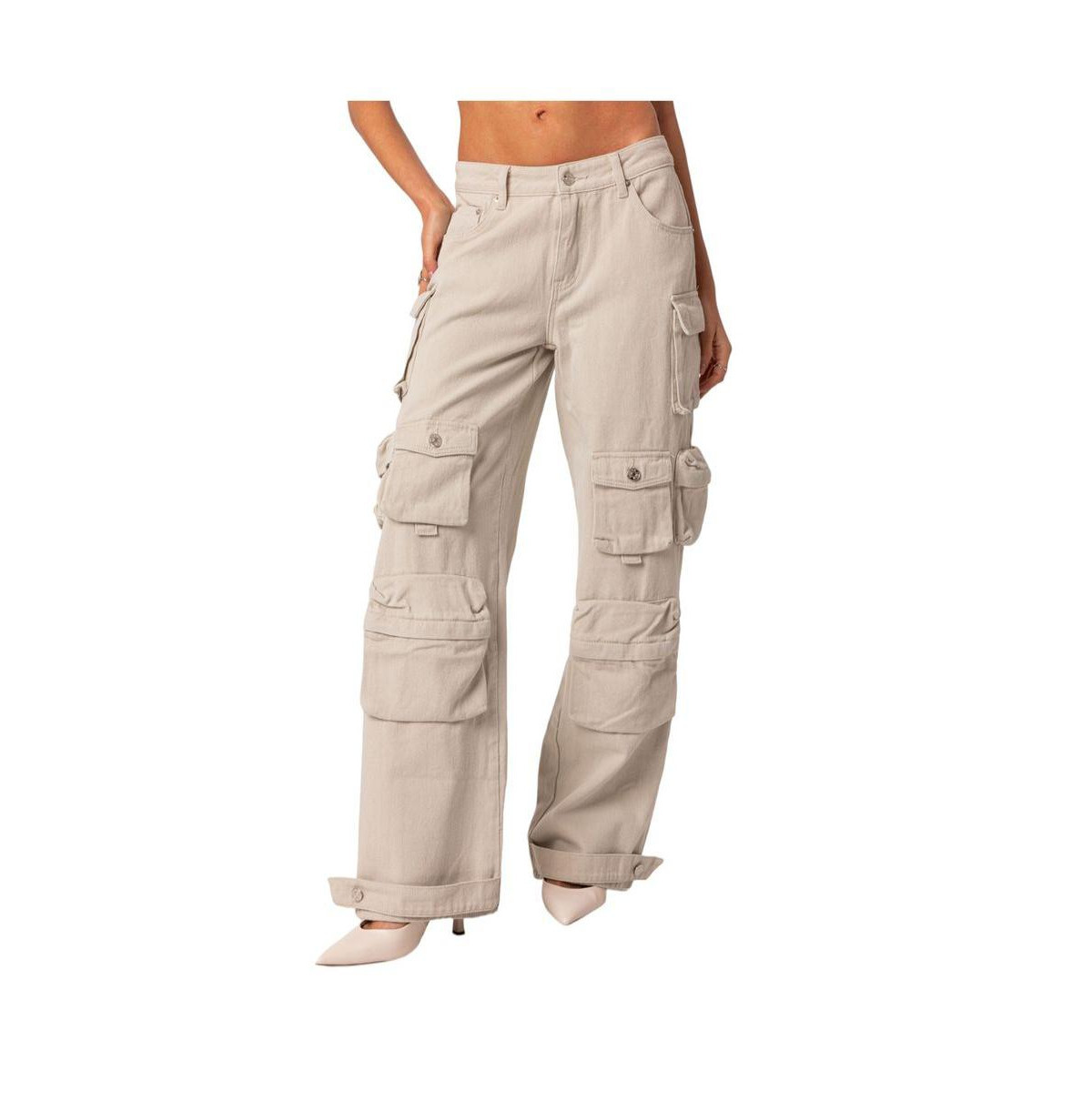 Women's Oversize Boyfriend Cargo Jeans With Pockets - Stone | Macy's