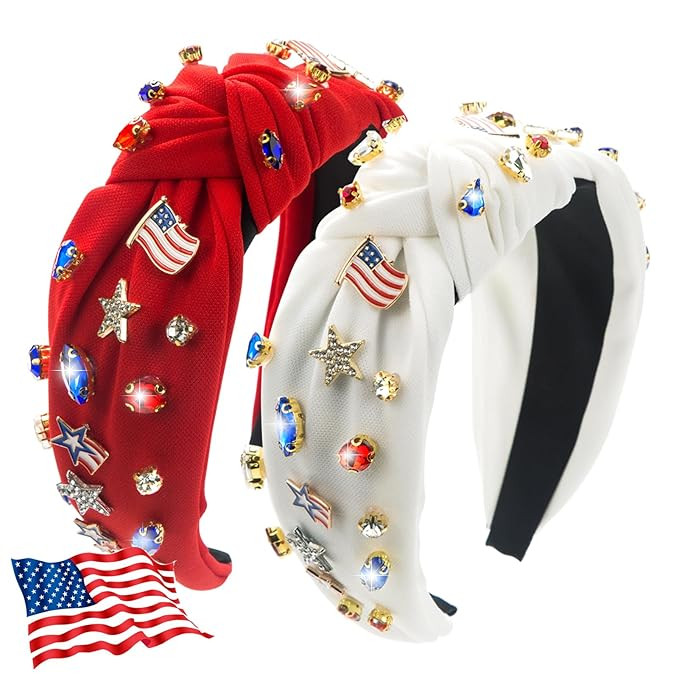 2Pcs 4th of July Headband for Women, Rhinestone Knotted Design with USA Flag Star Hair Hoop, Patr... | Amazon (US)