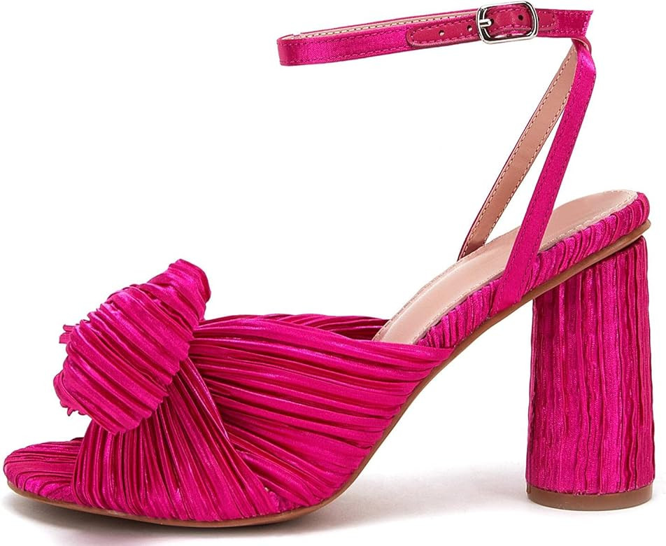 Women's Bow Knot Heeled Sandals Bridal Wedding Open Toe Ankle Strap Chunky Heels | Amazon (US)