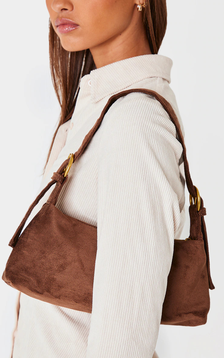 Chocolate Faux Suede Buckle Detail Shoulder Bag | PrettyLittleThing US