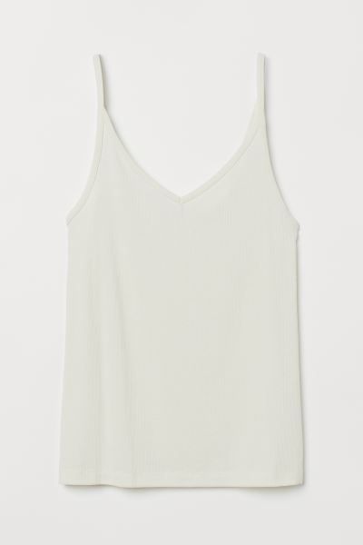 Conscious choice  Fitted tank top in fine-knit fabric. Narrow shoulder straps and a V-neck front ... | H&M (US + CA)
