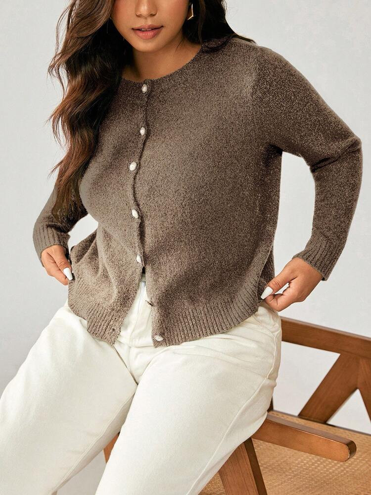 Nubod Plus Size Fitted Romantic Minimalist Pearl Cardigan | SHEIN