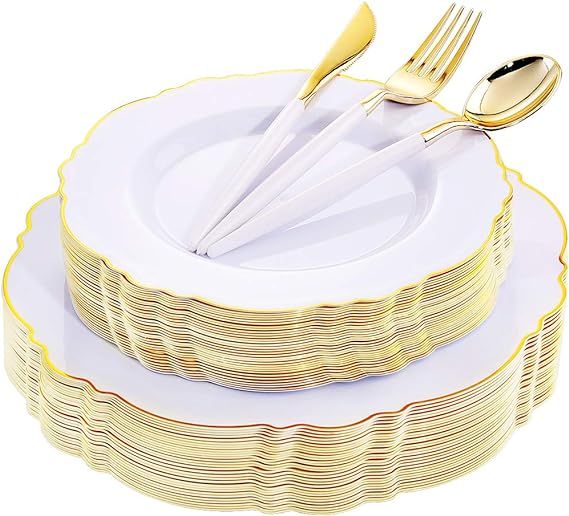 WDF 30Guest Gold Plastic Plates & Disposable Gold Plastic Silverware With White Handle- Baroque W... | Amazon (US)