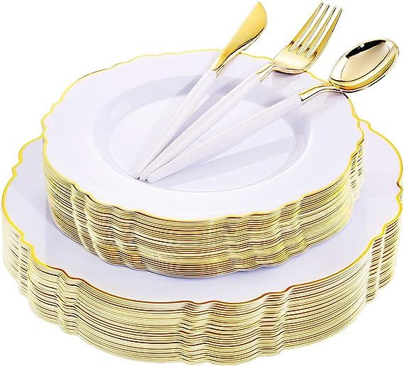 WDF 30Guest Gold Plastic Plates & Disposable Gold Plastic Silverware With White Handle- Baroque W... | Amazon (US)