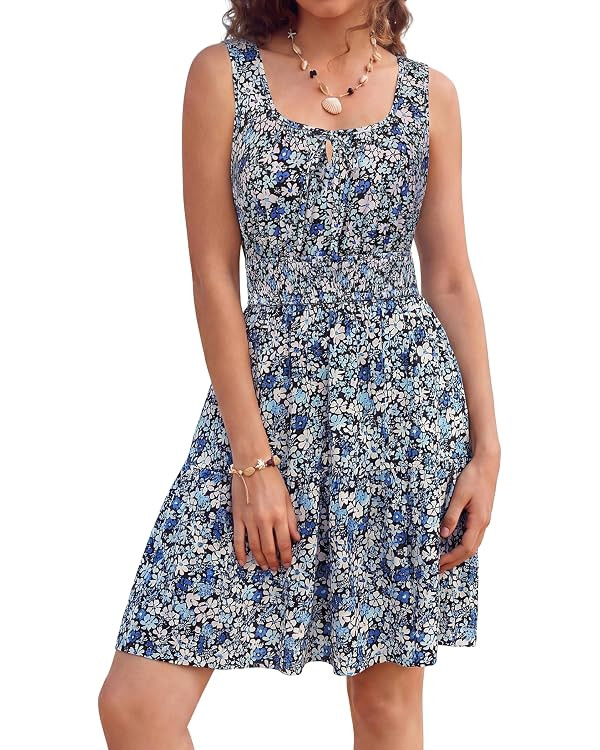 Kate Kasin Women Summer Floral Mini Dress 2026,Sleeveless Casual Elastic Waist Sundress,Flowy Tan... | Amazon (US)