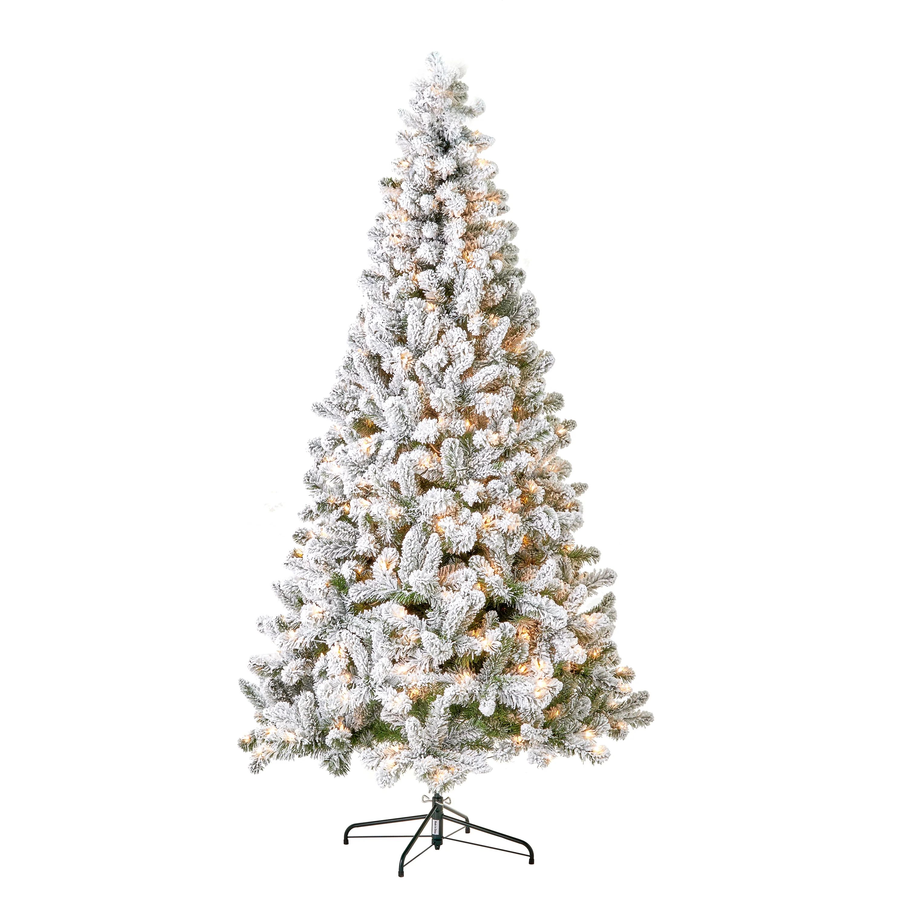 Holiday Time 7.5ft Pre-Lit Flocked Frisco Pine Artificial Christmas Tree, Clear, Green, 7.5' | Walmart (US)