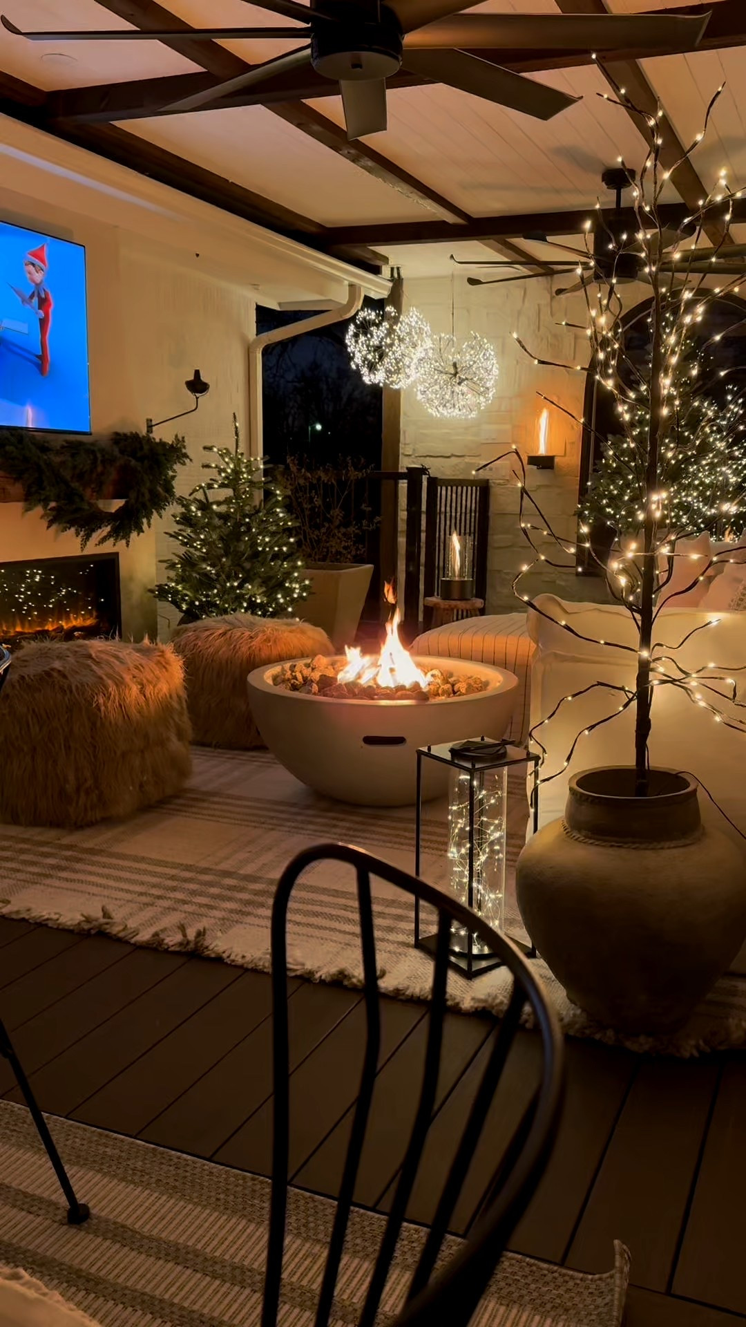 Christmas movie outside on our covered patio! All of the lanterns, trees, hanging lights are all from Balsam Hill so I can’t link here. Couch is from Chicory x Anabei  

#LTKHoliday #LTKSeasonal #LTKHome