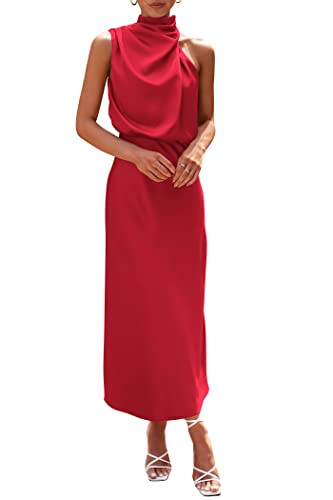 PRETTYGARDEN Women's 2025 Summer Satin Dress Elegant Sleeveless Mock Neck Cocktail Party Maxi Dresses (Red,X-Large) | Amazon (US)