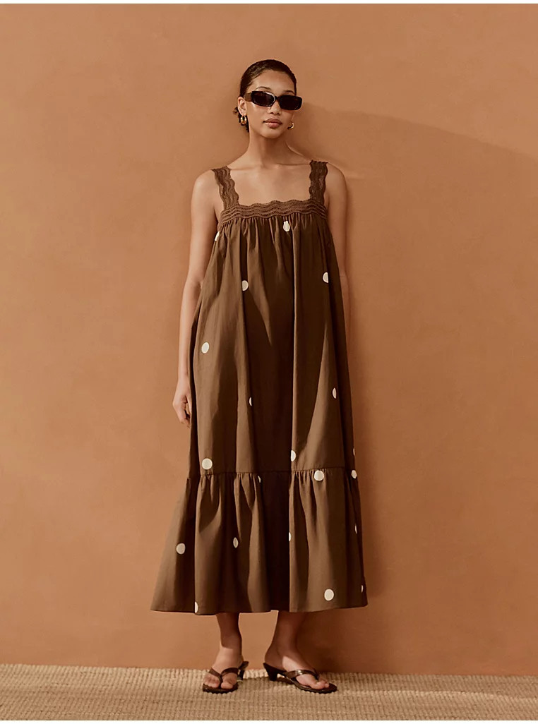 Brown Lace Trim Polka Dot Maxi Dress | George